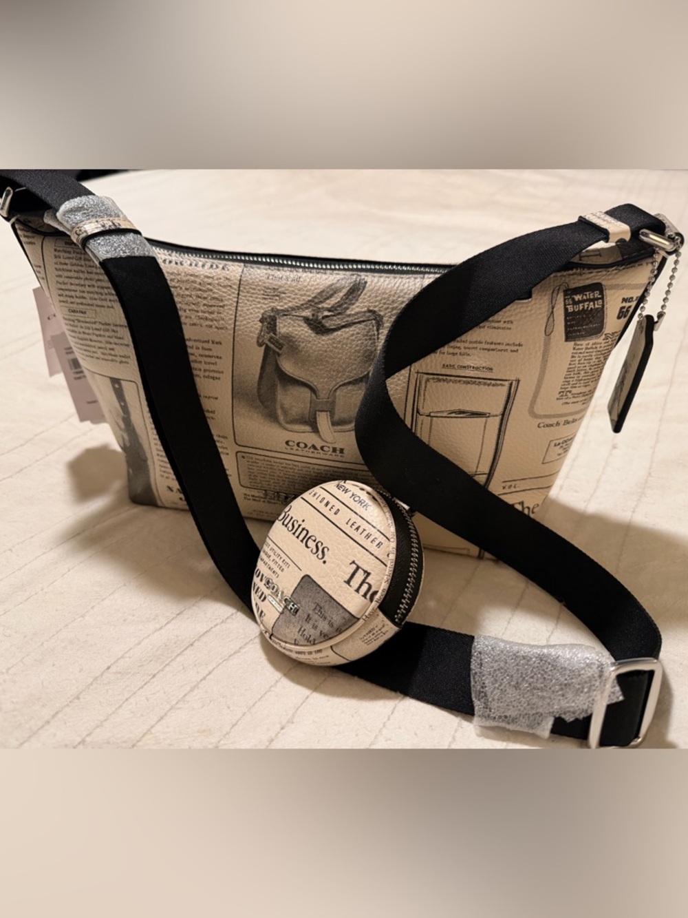 Coach Newspaper Print Shoulder Bag in Cream and Black - Picture 6 of 14
